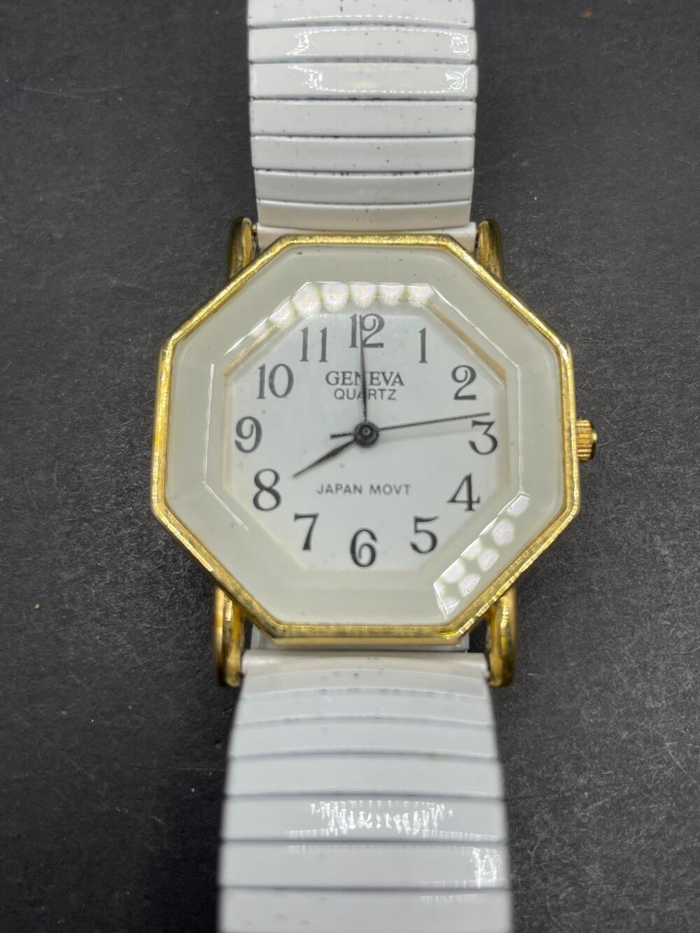 Geneva Quartz Women's Watch Octagonal Bezel White Dial Japan Movt Stretch Strap